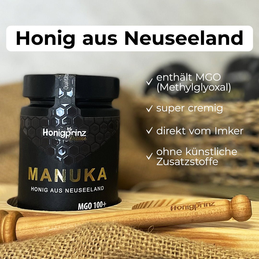 Geschenkset Manuka Honig MGO 100+ aus Neuseeland in handgefertigter Holzbox aus eigener Holzwerkstatt - Honigprinz