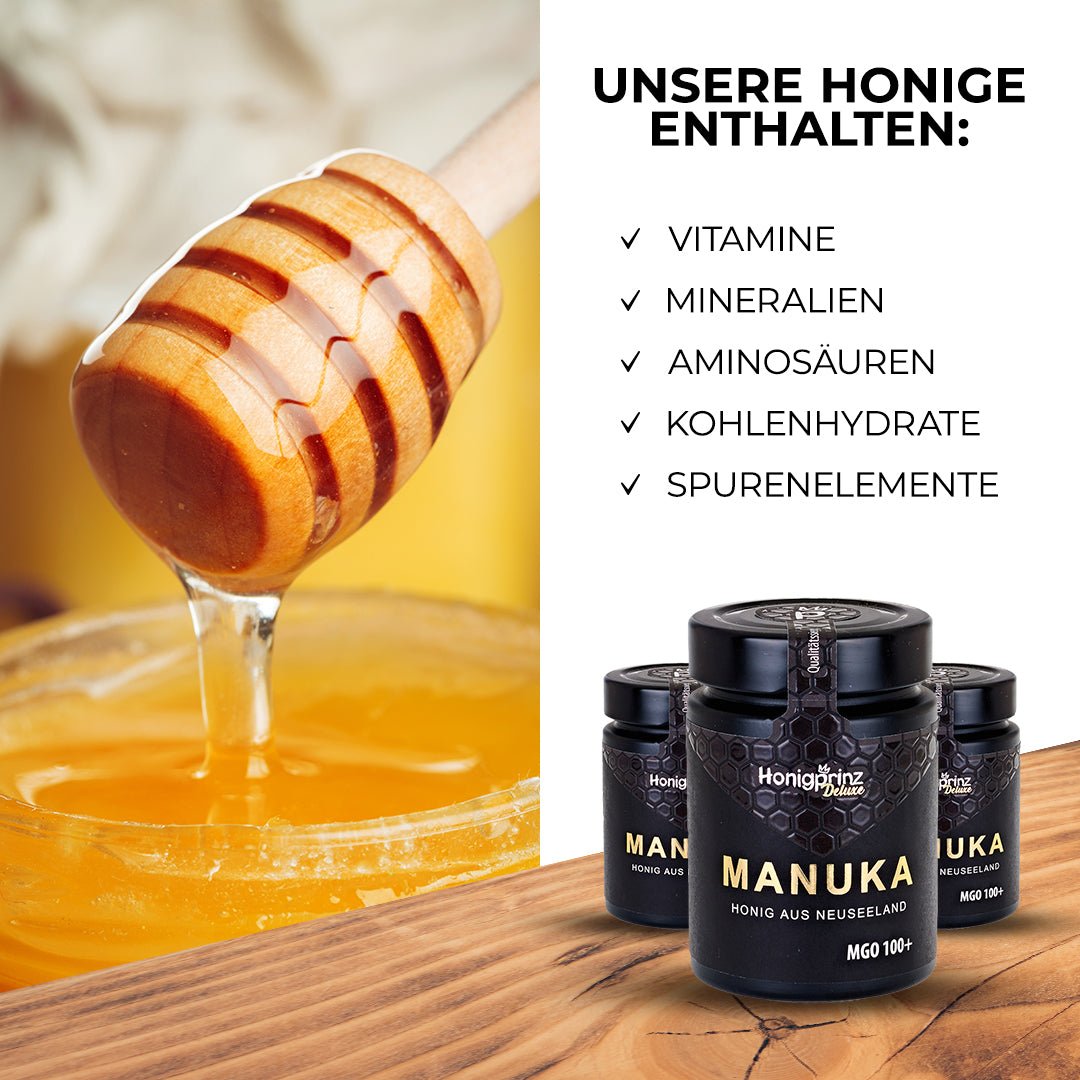 Geschenkset Manuka Honig MGO 100+ aus Neuseeland in handgefertigter Holzbox aus eigener Holzwerkstatt - Honigprinz