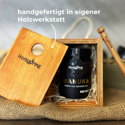 Geschenkset Manuka Honig MGO 100+ aus Neuseeland in handgefertigter Holzbox aus eigener Holzwerkstatt - Honigprinz