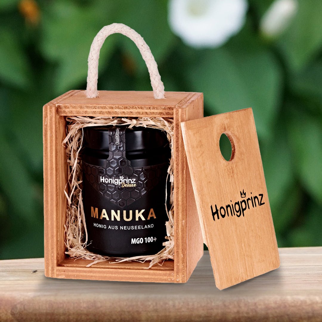 Geschenkset Manuka Honig MGO 100+ aus Neuseeland in handgefertigter Holzbox aus eigener Holzwerkstatt - Honigprinz