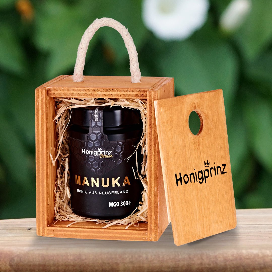 Geschenkset Manuka Honig MGO 300+ aus Neuseeland in handgefertigter Holzbox aus eigener Holzwerkstatt - Honigprinz