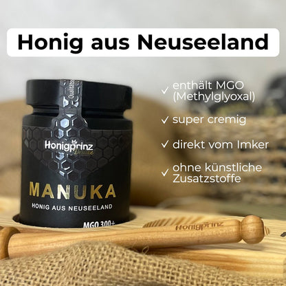 Geschenkset Manuka Honig MGO 300+ aus Neuseeland in handgefertigter Holzbox aus eigener Holzwerkstatt - Honigprinz