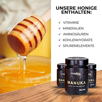 Geschenkset Manuka Honig MGO 300+ aus Neuseeland in handgefertigter Holzbox aus eigener Holzwerkstatt - Honigprinz