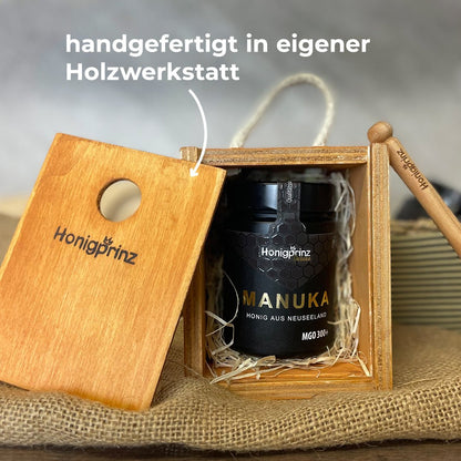 Geschenkset Manuka Honig MGO 300+ aus Neuseeland in handgefertigter Holzbox aus eigener Holzwerkstatt - Honigprinz