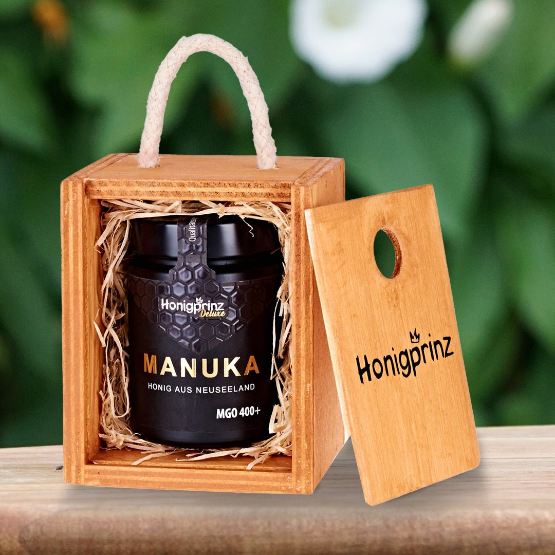 Geschenkset Manuka Honig MGO 400+ aus Neuseeland in handgefertigter Holzbox aus eigener Holzwerkstatt - Honigprinz