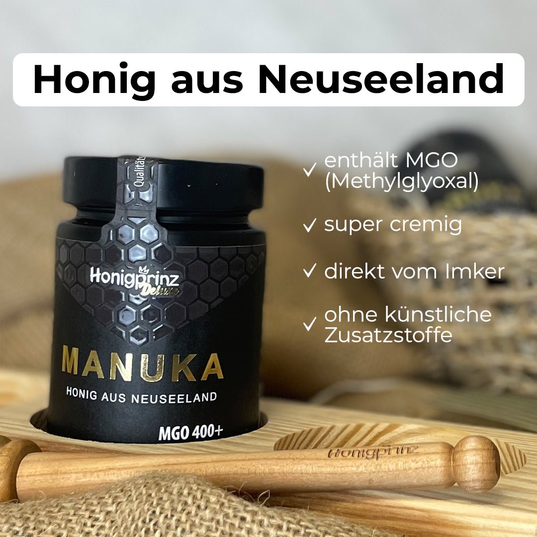 Geschenkset Manuka Honig MGO 400+ aus Neuseeland in handgefertigter Holzbox aus eigener Holzwerkstatt - Honigprinz