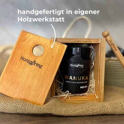 Geschenkset Manuka Honig MGO 400+ aus Neuseeland in handgefertigter Holzbox aus eigener Holzwerkstatt - Honigprinz