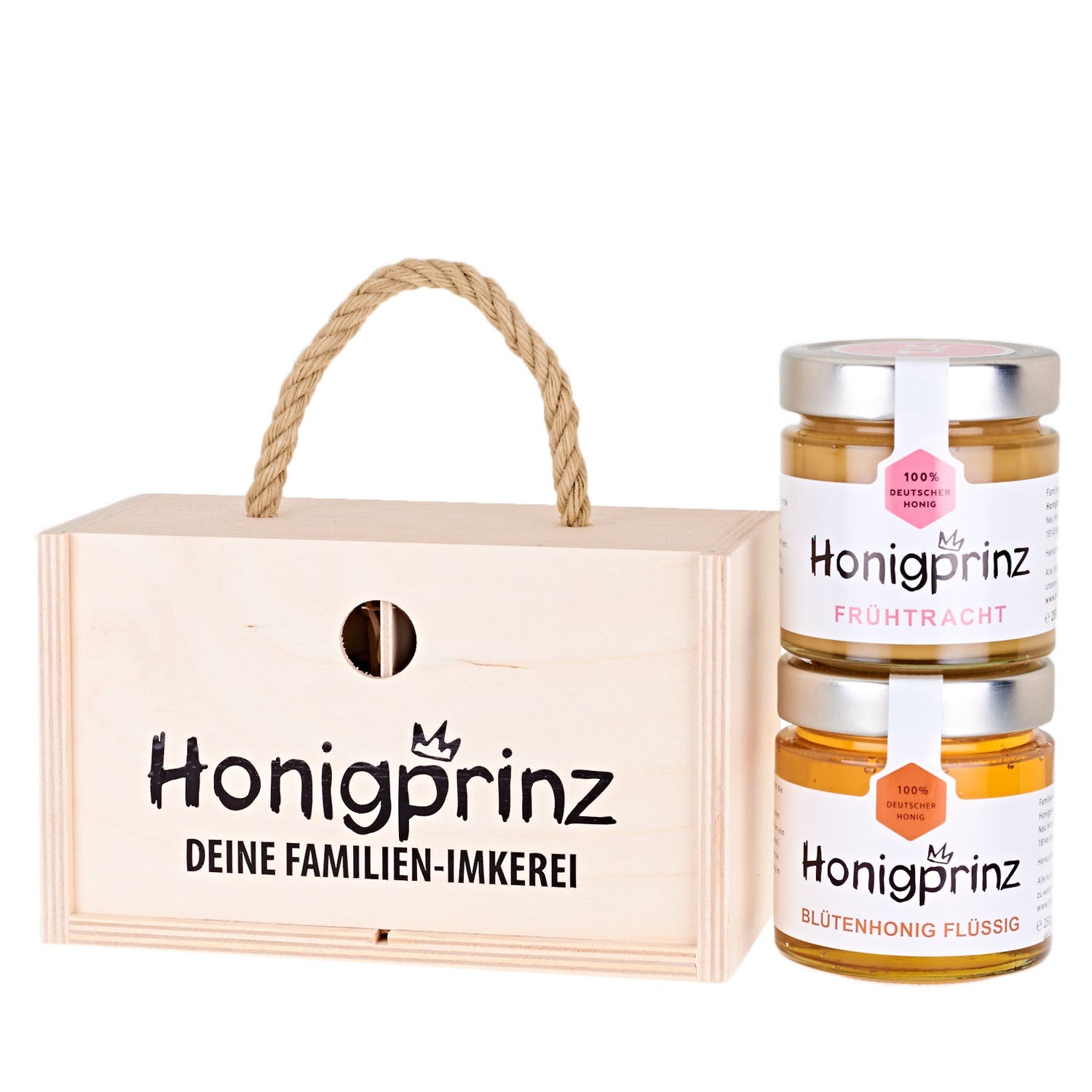 So trägt man Honig – Holzbox mit Kordel inkl. 2 x 250g Honig (1x Rapshonig und 1x Lindenhonig) - Honigprinz