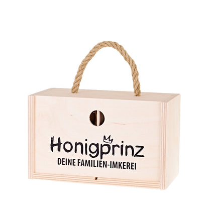 So trägt man Honig – Holzbox mit Kordel inkl. 2 x 250g Honig (1x Rapshonig und 1x Lindenhonig) - Honigprinz